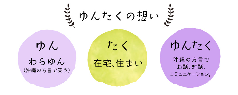 ゆんたくの想い・ゆん→わらゆん（沖縄の方言で笑う）・たく→在宅、住まい・ゆんたく→沖縄の方言でお話、対話、コミュニケーション。